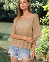 Openwork Round Neck Half Sleeve Knit Top
