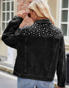 Pearl Detail Collared Neck Long Sleeve Denim Jacket