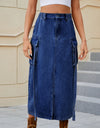 Slit Pocketed High Waist Denim Skirt