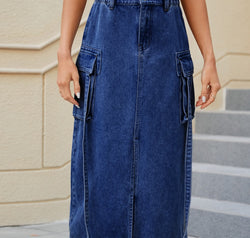 Slit Pocketed High Waist Denim Skirt