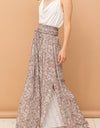 And The Why Printed Smocked Waist Slit Wide Leg Pants