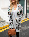 Pocketed Geometric Open Front Dropped Shoulder Cardigan