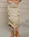 Drawstring Ruched Slit Denim Midi Skirt