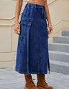 Slit Pocketed High Waist Denim Skirt