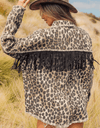 Leopard Fringe Detail Collared Neck Denim Jacket