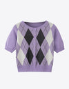 Argyle Round Neck Ribbed Trim Cardigan