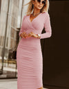 Ruched Surplice Long Sleeve Midi Dress
