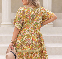 Plus Size Printed Tie Neck Short Sleeve Mini Dress