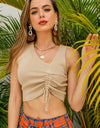Drawstring Ruched Asymmetrical Neck Cropped Knit Top
