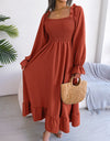 Smocked Square Neck Flounce Sleeve Dress