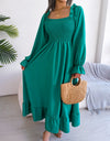 Smocked Square Neck Flounce Sleeve Dress