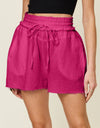 Double Take Full Size Texture Raw Trim Drawstring Shorts