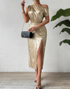 Slit One Shoulder Short Sleeve Midi Dress