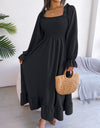 Smocked Square Neck Flounce Sleeve Dress