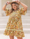 Plus Size Printed Tie Neck Short Sleeve Mini Dress