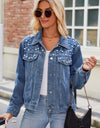 Pearl Detail Collared Neck Long Sleeve Denim Jacket