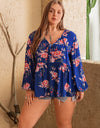 Plus Size Printed Tie Neck Balloon Sleeve Blouse