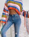Fringe Striped Round Neck Knit Top