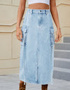 Slit Pocketed High Waist Denim Skirt