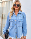 Pearl Detail Pocketed Button Up Denim Jacket