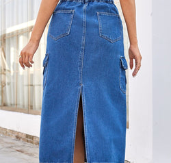 Slit Midi Denim Skirt with Pockets