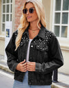 Pearl Detail Collared Neck Long Sleeve Denim Jacket