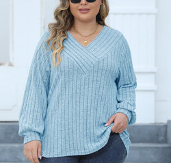 Plus Size Ribbed V-Neck Long Sleeve Top