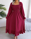 Smocked Square Neck Flounce Sleeve Dress