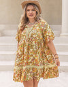 Plus Size Printed Tie Neck Short Sleeve Mini Dress