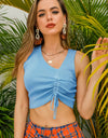Drawstring Ruched Asymmetrical Neck Cropped Knit Top