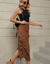 Drawstring Ruched Slit Denim Midi Skirt
