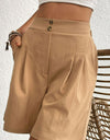 Buttoned Elastic Waist Pleated Detail Shorts