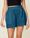 Double Take Full Size Texture Raw Trim Drawstring Shorts