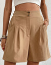 Buttoned Elastic Waist Pleated Detail Shorts