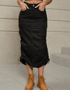 Drawstring Ruched Slit Denim Midi Skirt