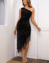 Sequin Asymmetrical Fringe Hem One-Shoulder Dress