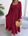 Smocked Square Neck Flounce Sleeve Dress