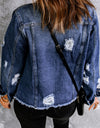 Mixed Print Distressed Button Front Denim Jacket