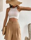 Buttoned Elastic Waist Pleated Detail Shorts