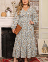 Plus Size Printed Balloon Sleeve Ruffle Hem Dress
