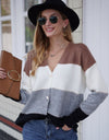 Woven Right Color Block V-Neck Button Down Cardigan