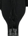 Fringe Detail Long Sleeve Ribbed Poncho