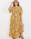 Floral V-Neck Short Sleeve Slit Dress