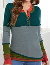 Striped Contrast Notched Long Sleeve Sweater