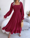 Smocked Square Neck Flounce Sleeve Dress