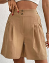Buttoned Elastic Waist Pleated Detail Shorts
