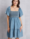 Smocked Square Neck Mini Denim Dress