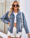 Pearl Trim Raw Hem Denim Jacket