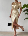 Slit One Shoulder Short Sleeve Midi Dress
