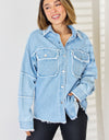 PEACE Raw Hem Dropped Shoulder Denim Top